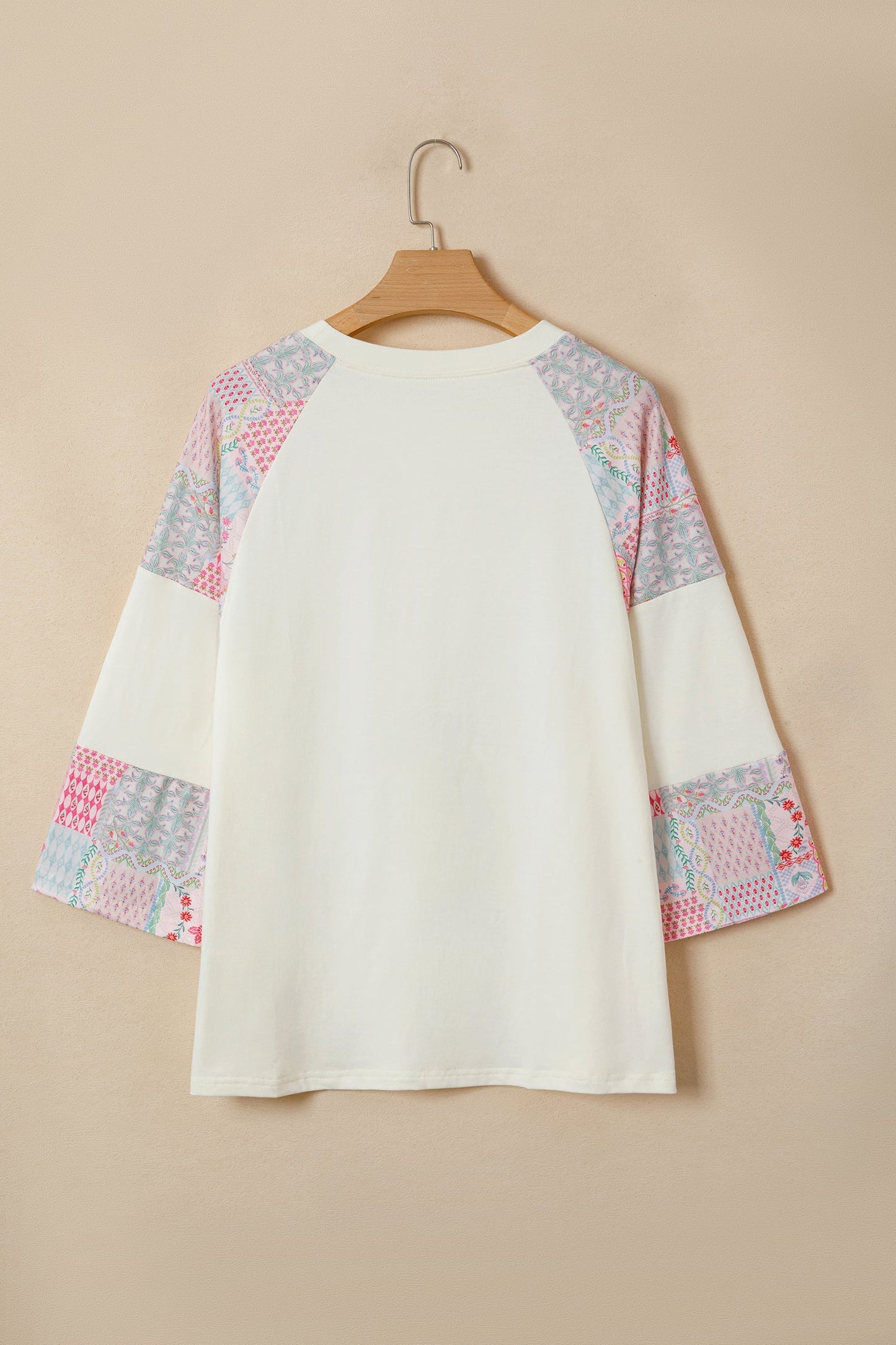 Beige Long-Sleeve Top with Retro Floral Patchwork and Color Block