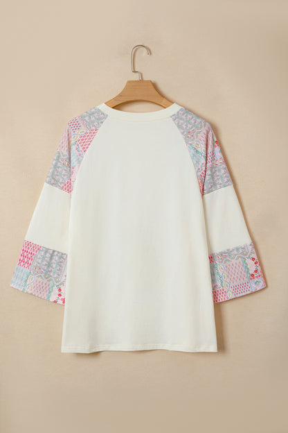 Beige Long-Sleeve Top with Retro Floral Patchwork and Color Block