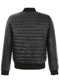 Men's Quilted Faux-Leather Bomber Jacket, Knit-Trim Zip Coat