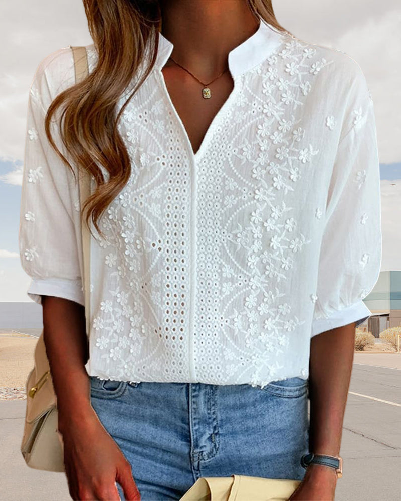 Women's Blouse Amélie – V-Neck Top with Puff Sleeves, Cotton Blend and Patchwork Details