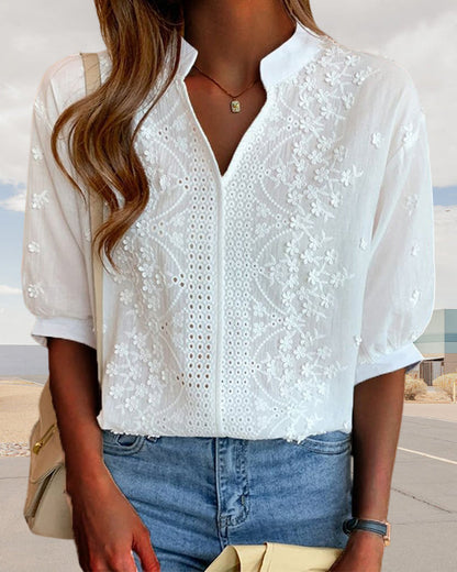 Women's Blouse Amélie – V-Neck Top with Puff Sleeves, Cotton Blend and Patchwork Details
