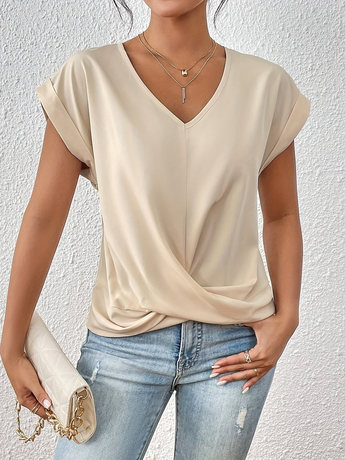 Top for Women – V-Neck with Knot Detail, Elegant Draping, and Comfortable Fit