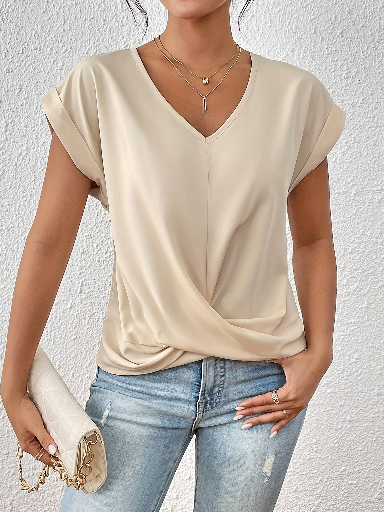 Top for Women – V-Neck with Knot Detail, Elegant Draping, and Comfortable Fit