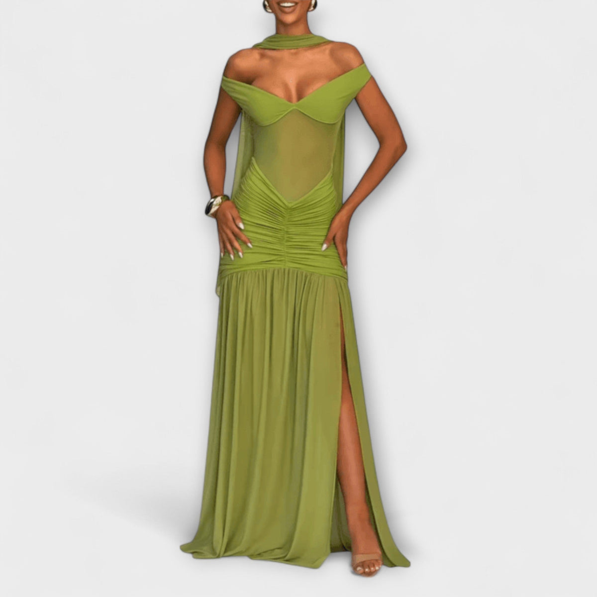 Nicole - Olive Green V-Neck Maxi Dress for Events