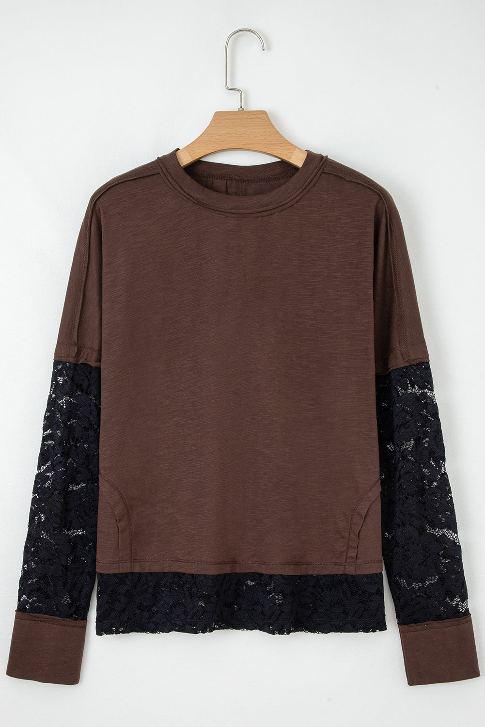 Long-sleeve casual T-shirt with transparent lace inserts