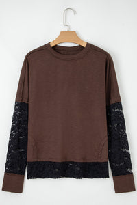 Long-sleeve casual T-shirt with transparent lace inserts