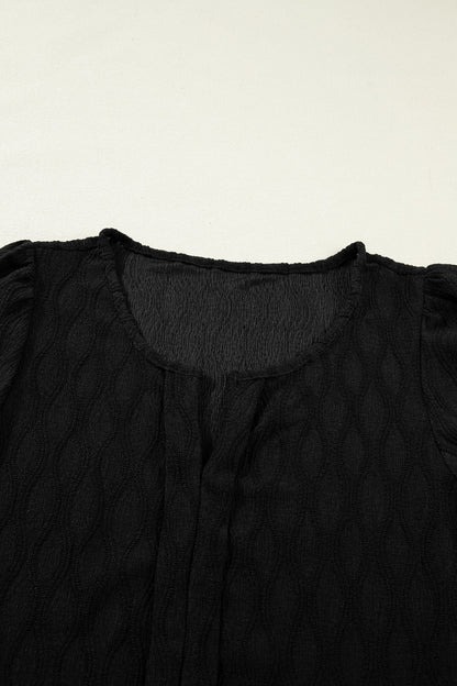 Solid Color Textured Blouse with V-Neck and Puff Sleeves