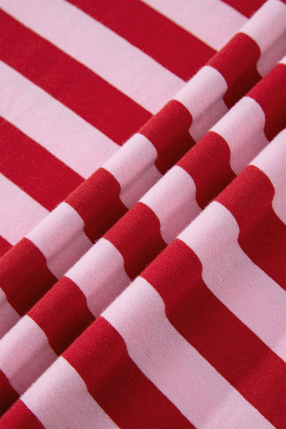Pink Striped Casual T-shirt with V-Neck