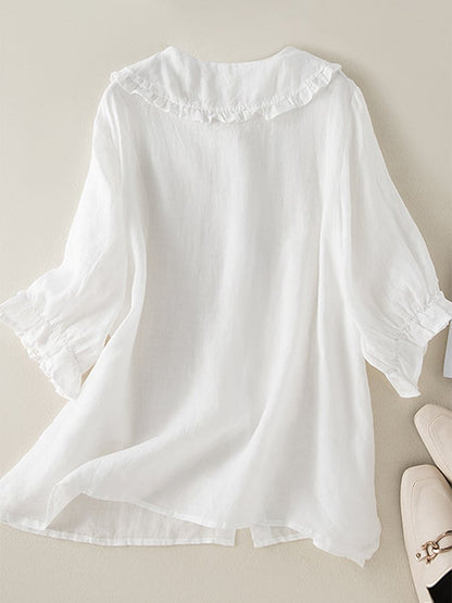 Jillian Women's Shirt – Loose Cotton and Linen Shirt with Chic Peter Pan Collar and Ruffles