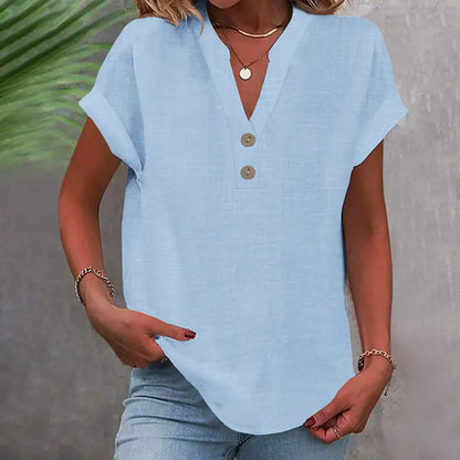 Wide Summer Blouse with V-Neck and Buttons – Short Sleeve and Timeless