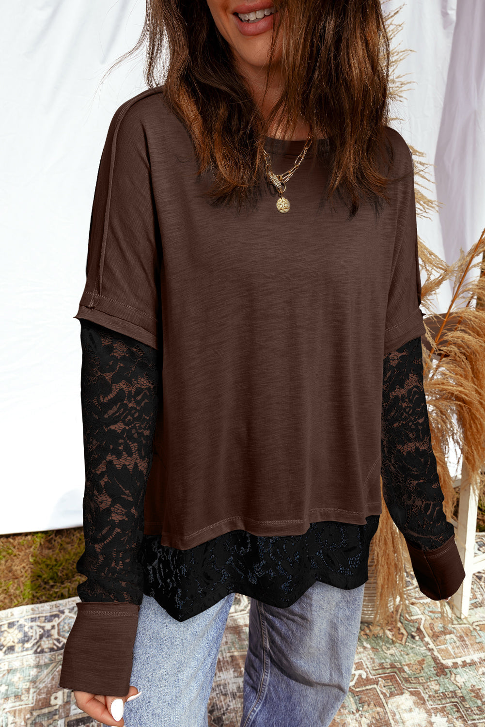 Long-sleeve casual T-shirt with transparent lace inserts