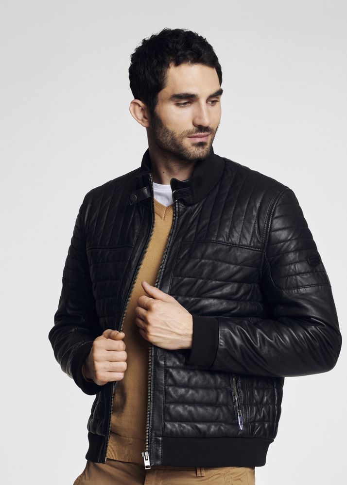 Men's Quilted Faux-Leather Bomber Jacket, Knit-Trim Zip Coat
