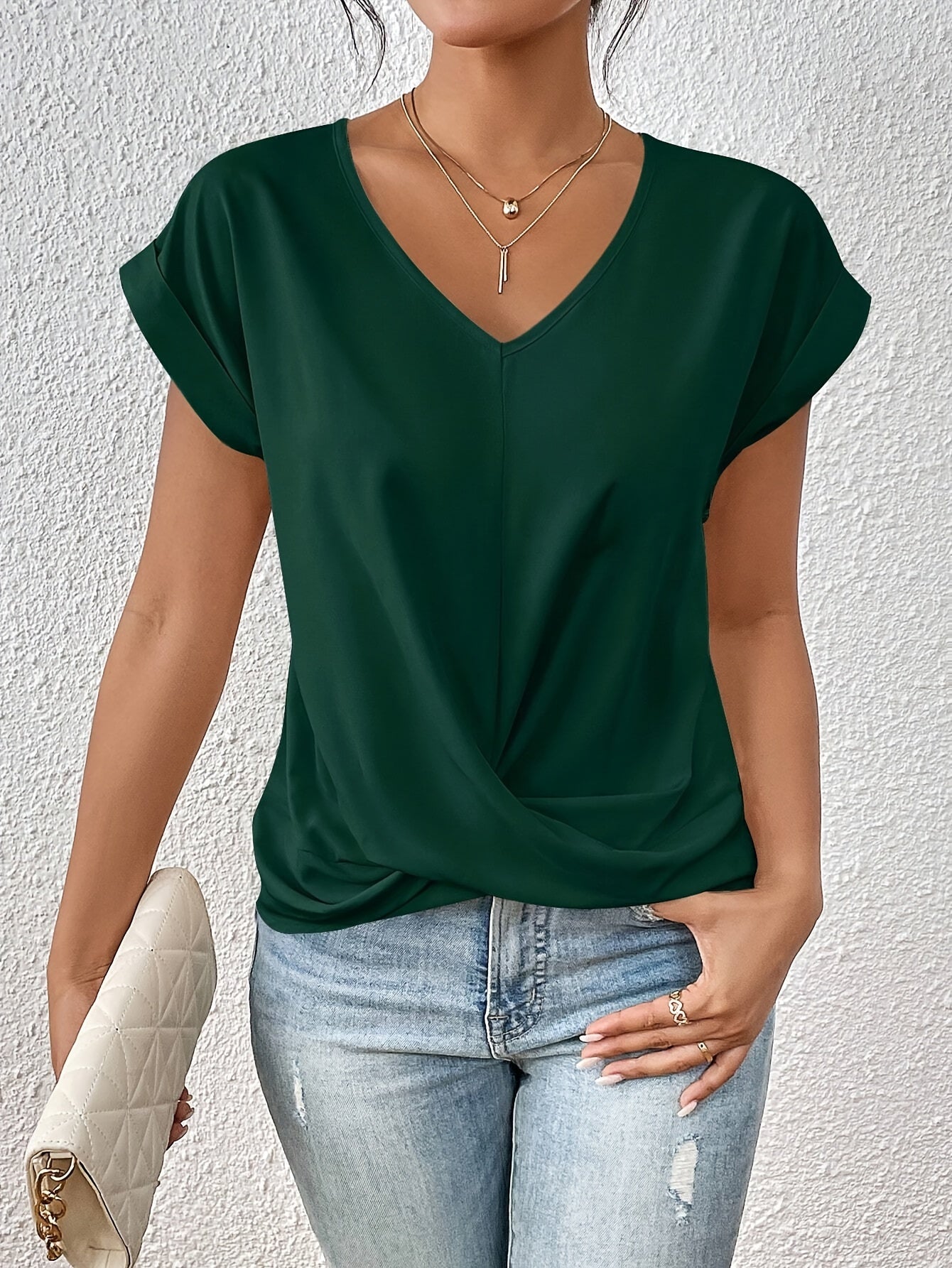 Top for Women – V-Neck with Knot Detail, Elegant Draping, and Comfortable Fit