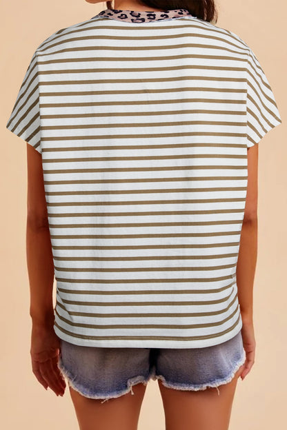 Wide crew neck T-shirt with khaki stripes and leopard patchwork