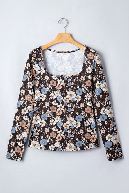 Slim Long Sleeve T-shirt with Black Floral Print