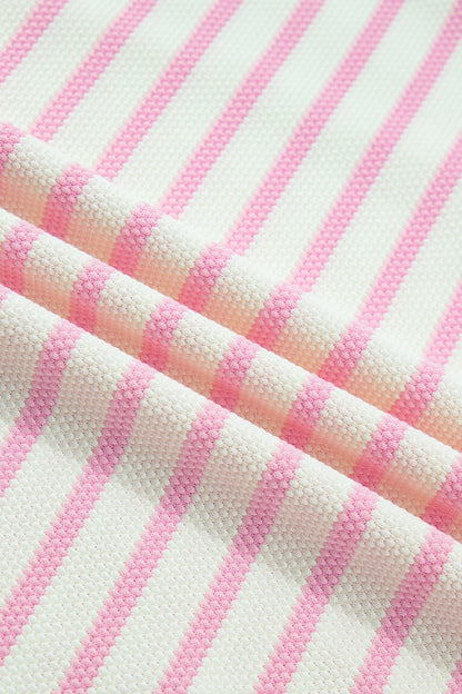Pink Striped Blouse with Short Ruffled Sleeves and Patchwork