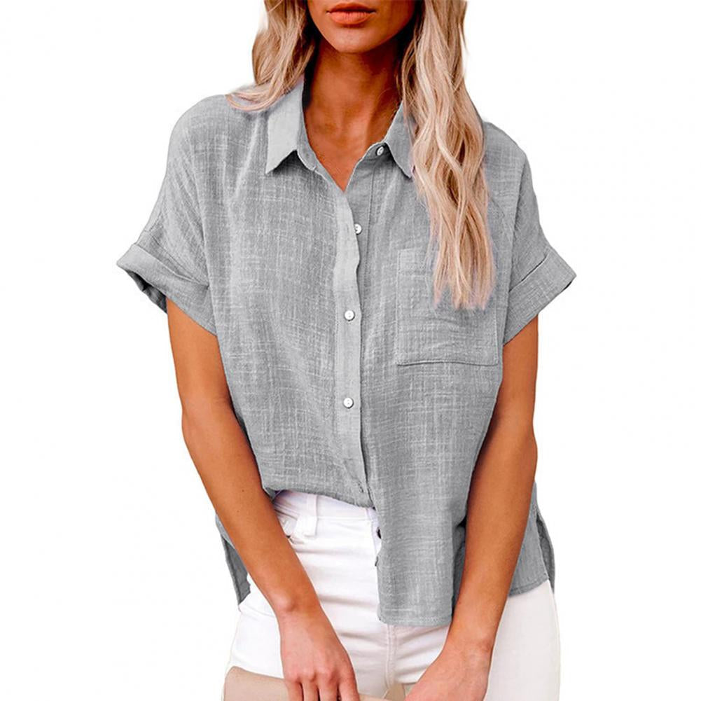 Julia Margaux – Summer linen blouse with a loose fit and draped neckline