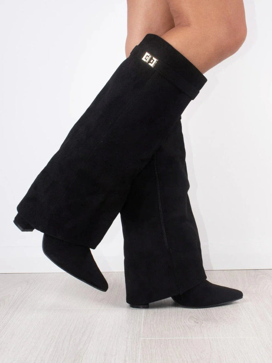 Women’s Faux Suede Fold-Over Boots – Golden Detail