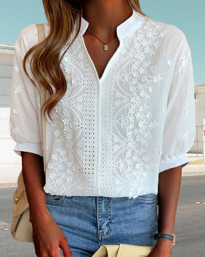 Women's Blouse Amélie – V-Neck Top with Puff Sleeves, Cotton Blend and Patchwork Details