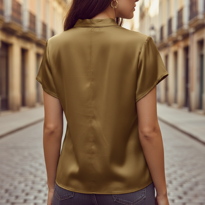 Women's Satin Blouse with Short Sleeves and Cowl Neck