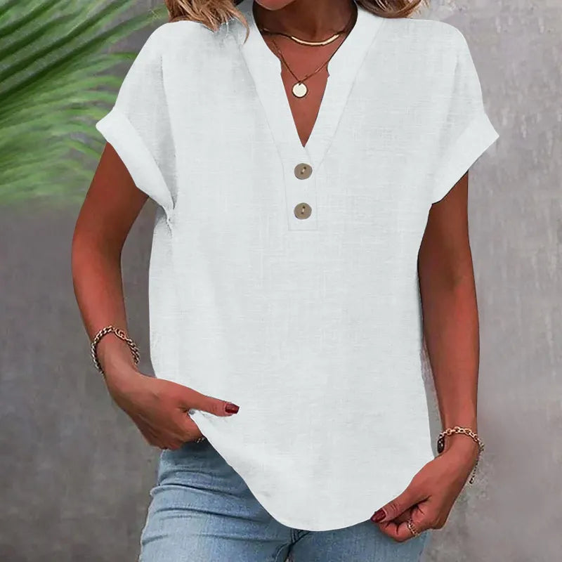 Wide Summer Blouse with V-Neck and Buttons – Short Sleeve and Timeless