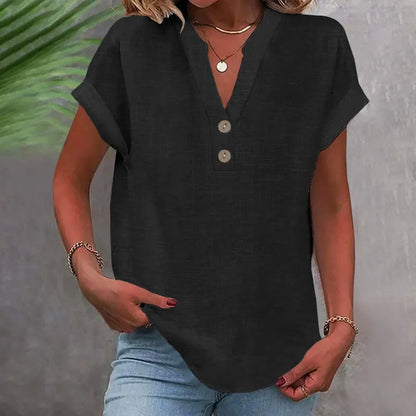 Wide Summer Blouse with V-Neck and Buttons – Short Sleeve and Timeless