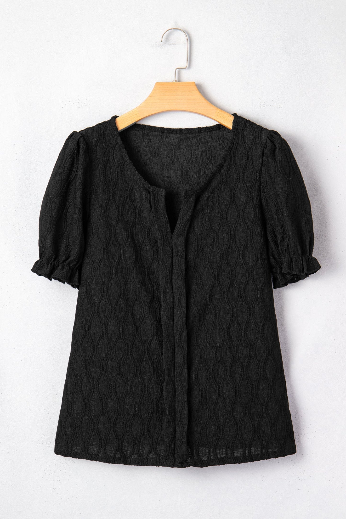 Solid Color Textured Blouse with V-Neck and Puff Sleeves