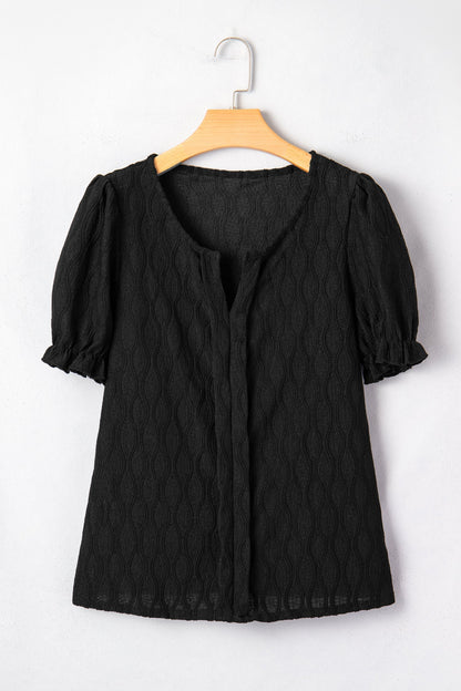 Solid Color Textured Blouse with V-Neck and Puff Sleeves