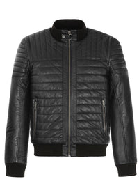 Men's Quilted Faux-Leather Bomber Jacket, Knit-Trim Zip Coat