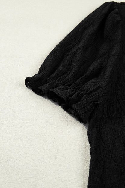 Solid Color Textured Blouse with V-Neck and Puff Sleeves