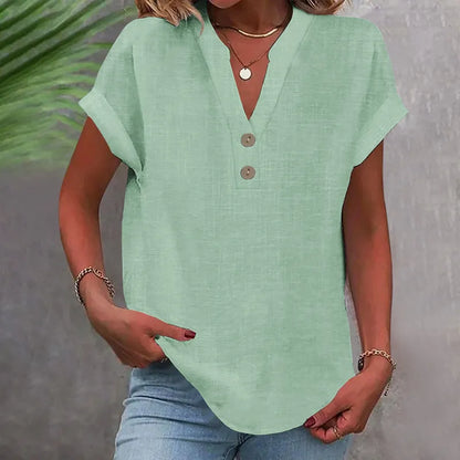 Wide Summer Blouse with V-Neck and Buttons – Short Sleeve and Timeless