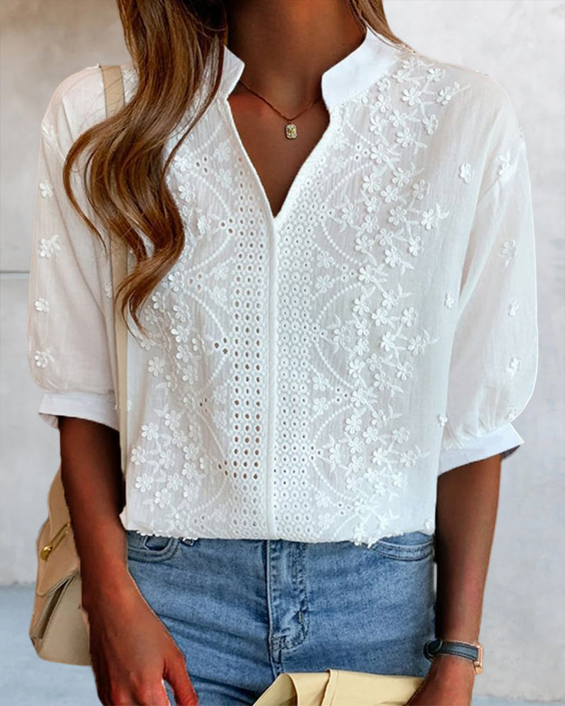 Women's Blouse Amélie – V-Neck Top with Puff Sleeves, Cotton Blend and Patchwork Details