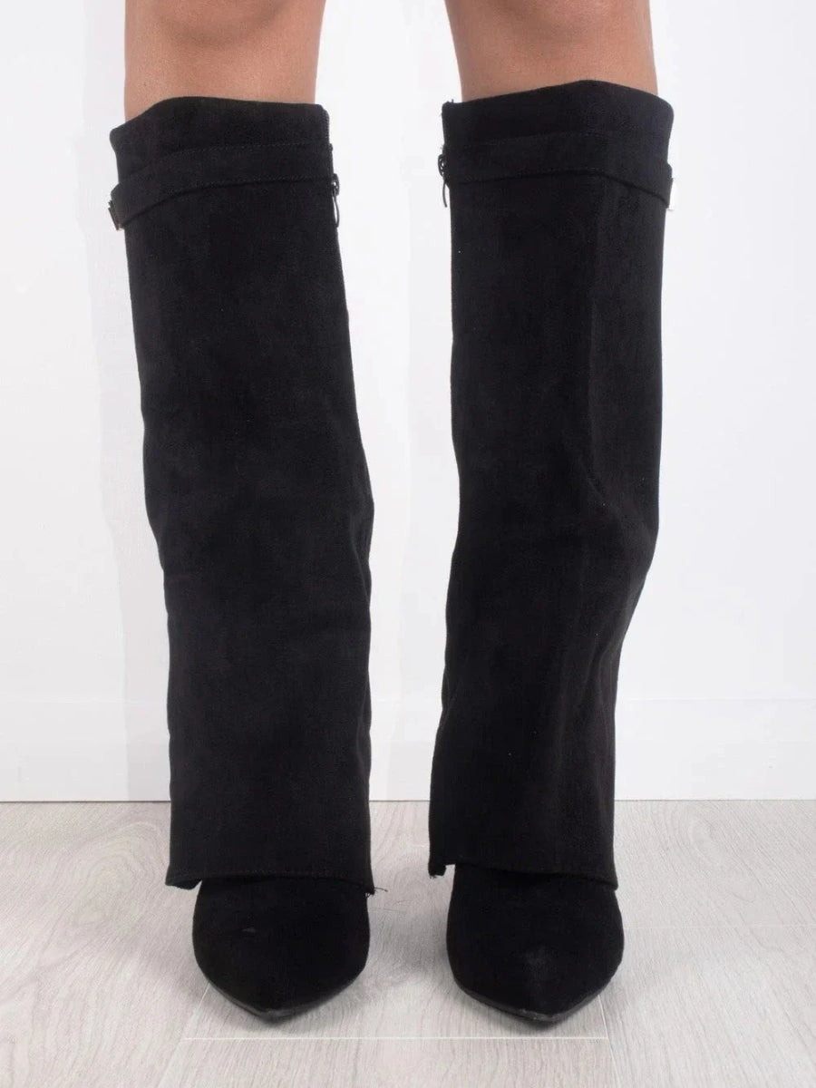 Women’s Faux Suede Fold-Over Boots – Golden Detail