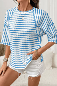 Long Striped Top in Structured Knit with Slit and Mid-Length Sleeves