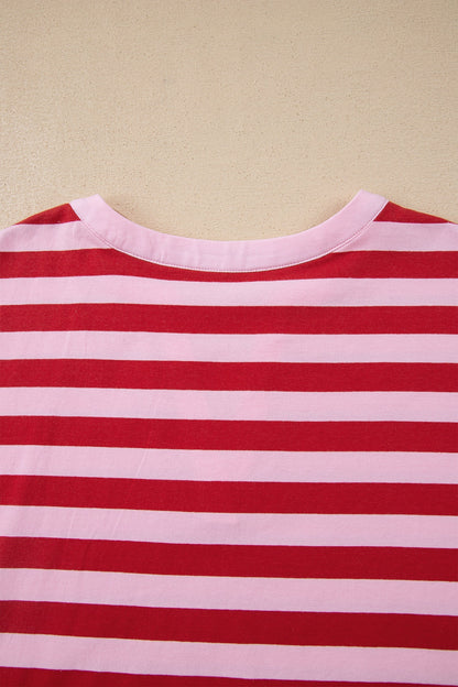 Pink Striped Casual T-shirt with V-Neck