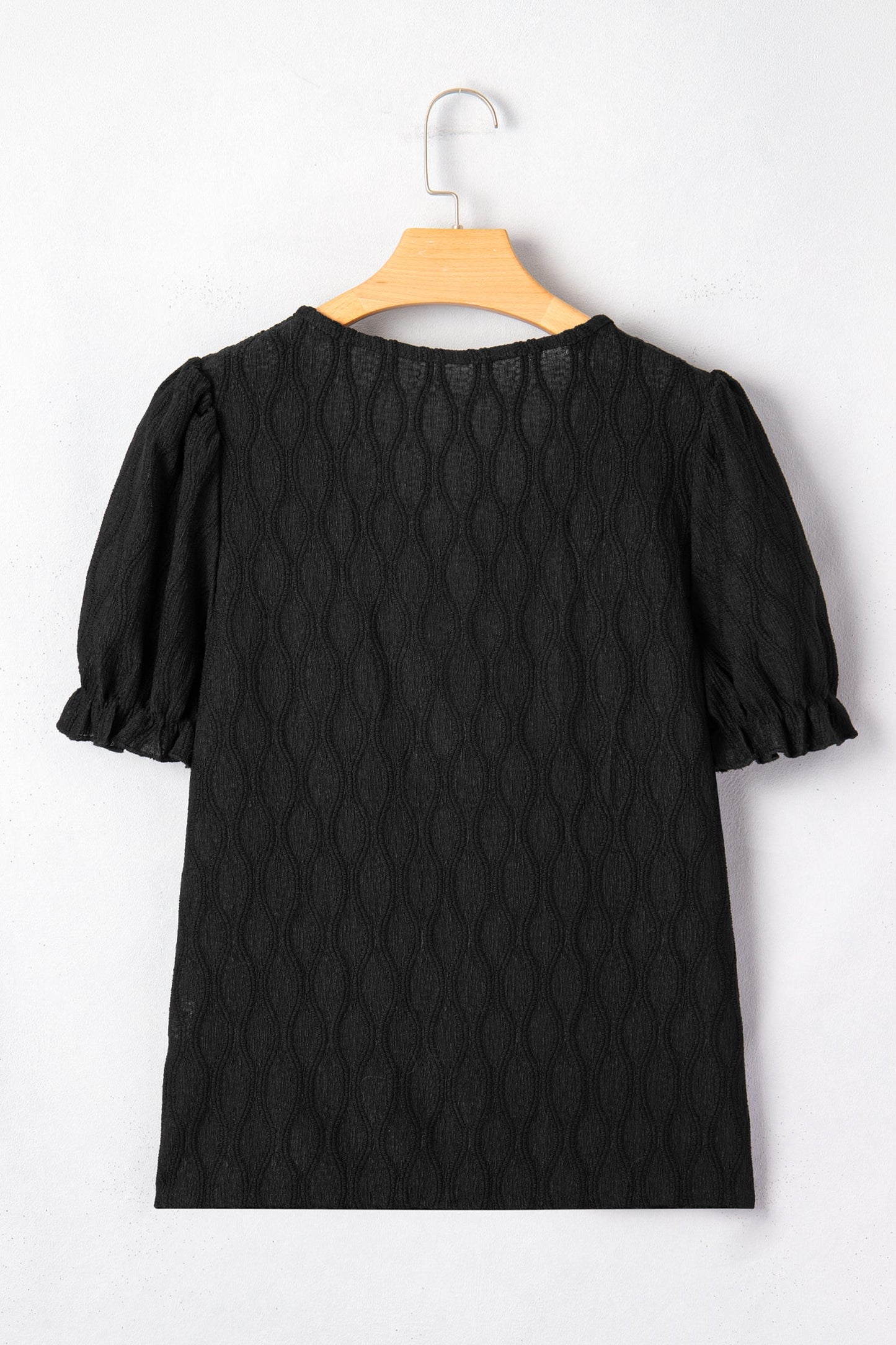 Solid Color Textured Blouse with V-Neck and Puff Sleeves