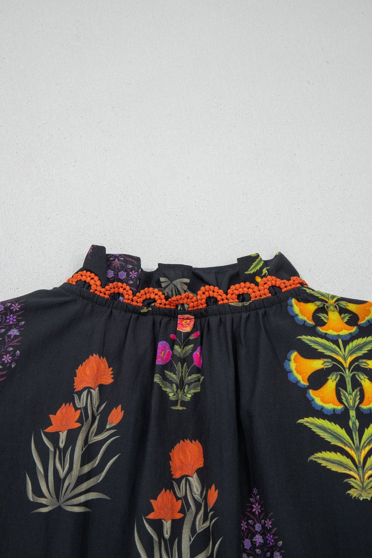 Black Floral Shirt with Lace Trim and V-Neck with Ruffles