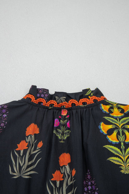 Black Floral Shirt with Lace Trim and V-Neck with Ruffles