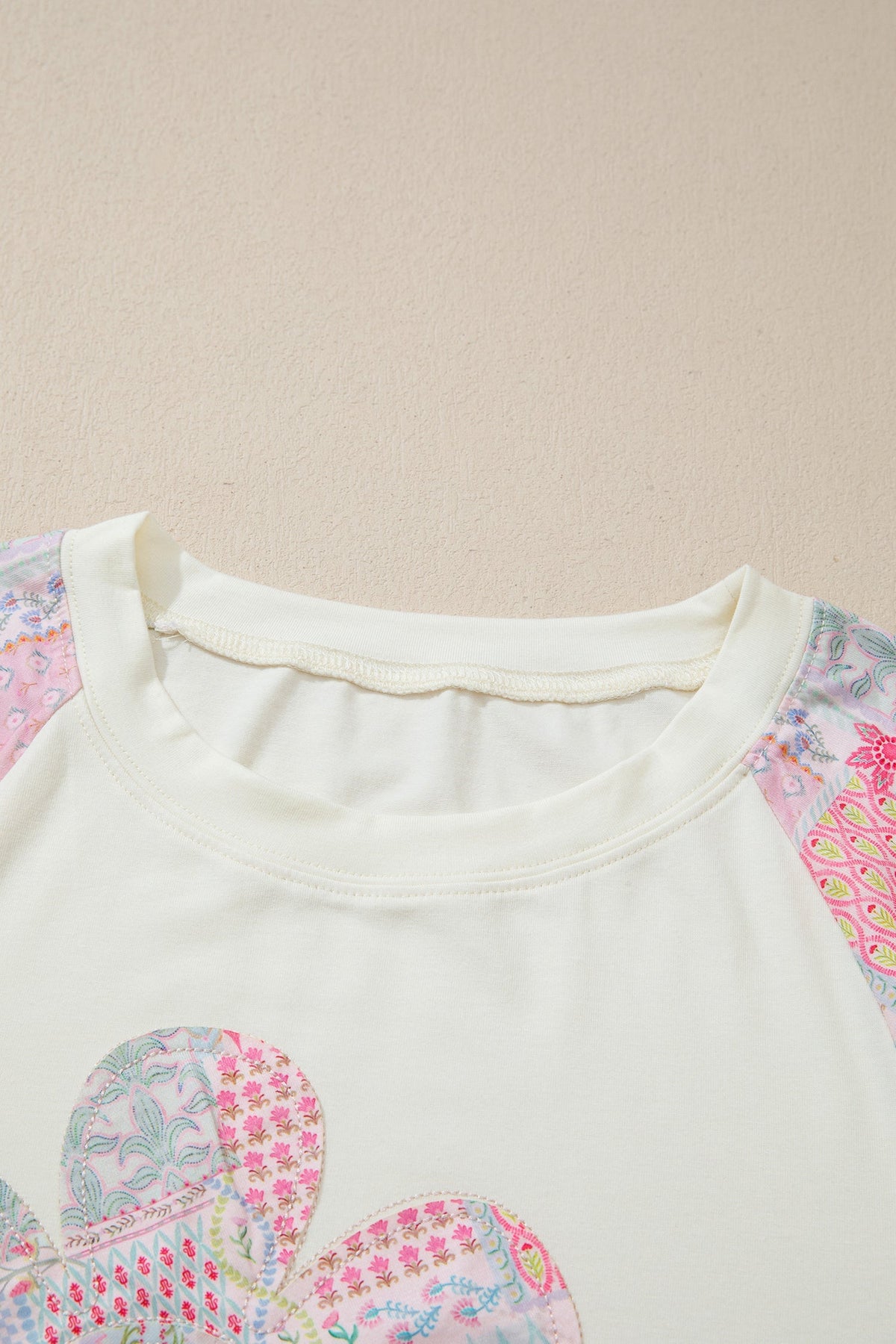 Beige Long-Sleeve Top with Retro Floral Patchwork and Color Block