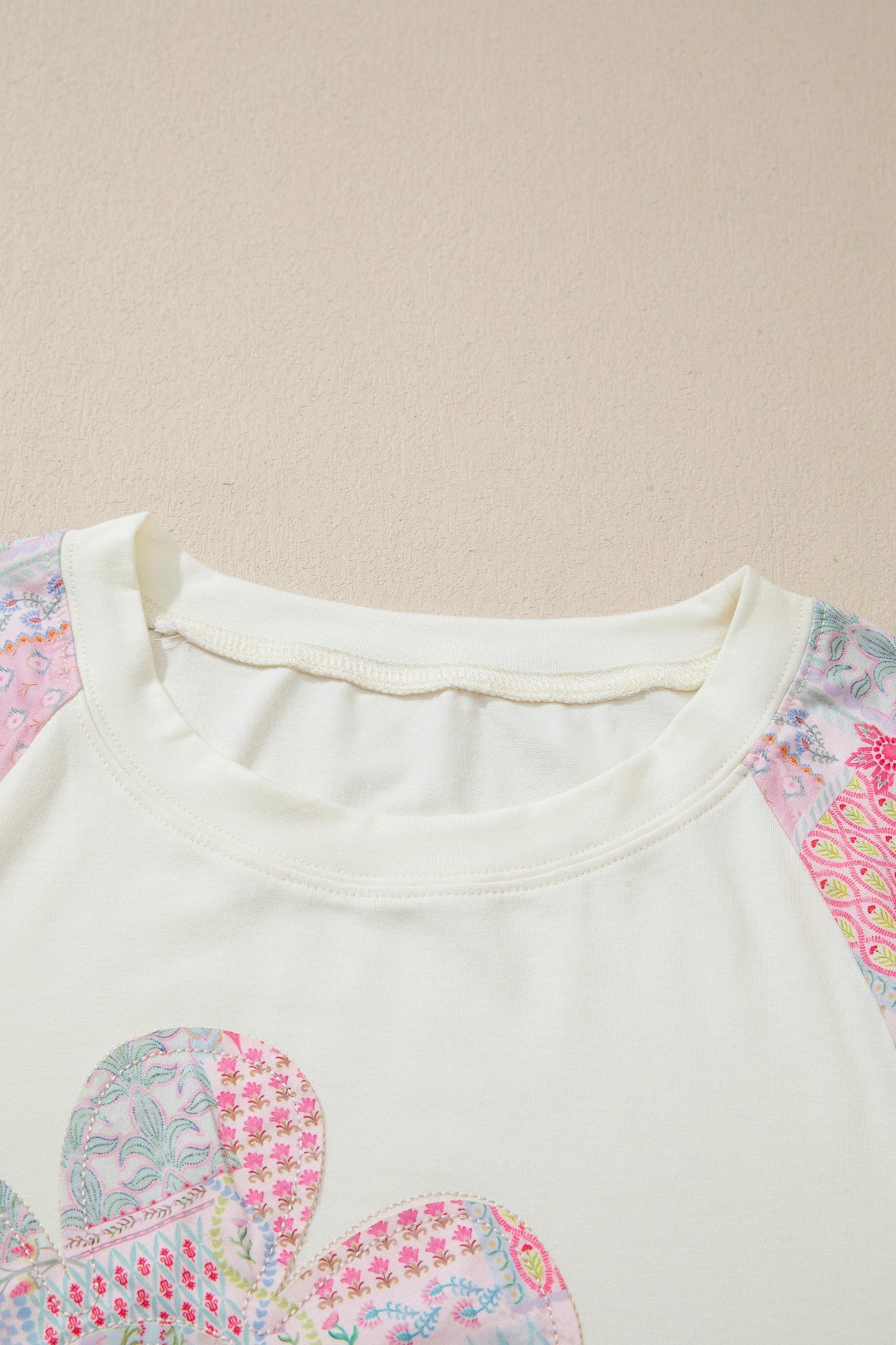 Beige Long-Sleeve Top with Retro Floral Patchwork and Color Block