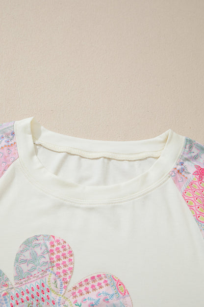 Beige Long-Sleeve Top with Retro Floral Patchwork and Color Block