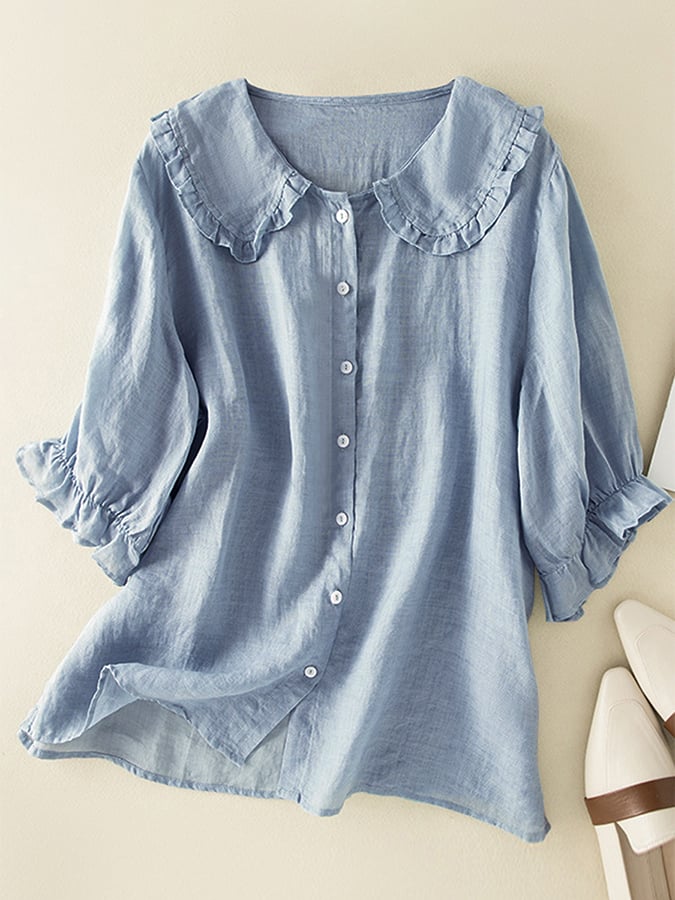 Jillian Women's Shirt – Loose Cotton and Linen Shirt with Chic Peter Pan Collar and Ruffles