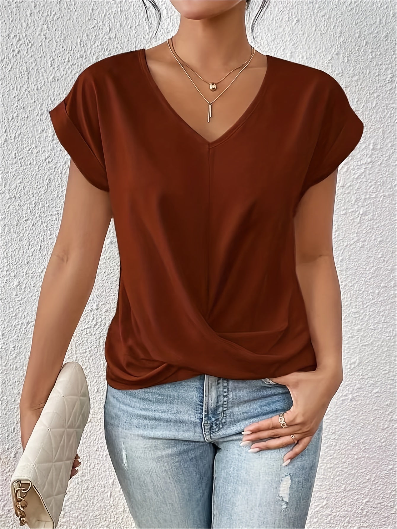Top for Women – V-Neck with Knot Detail, Elegant Draping, and Comfortable Fit