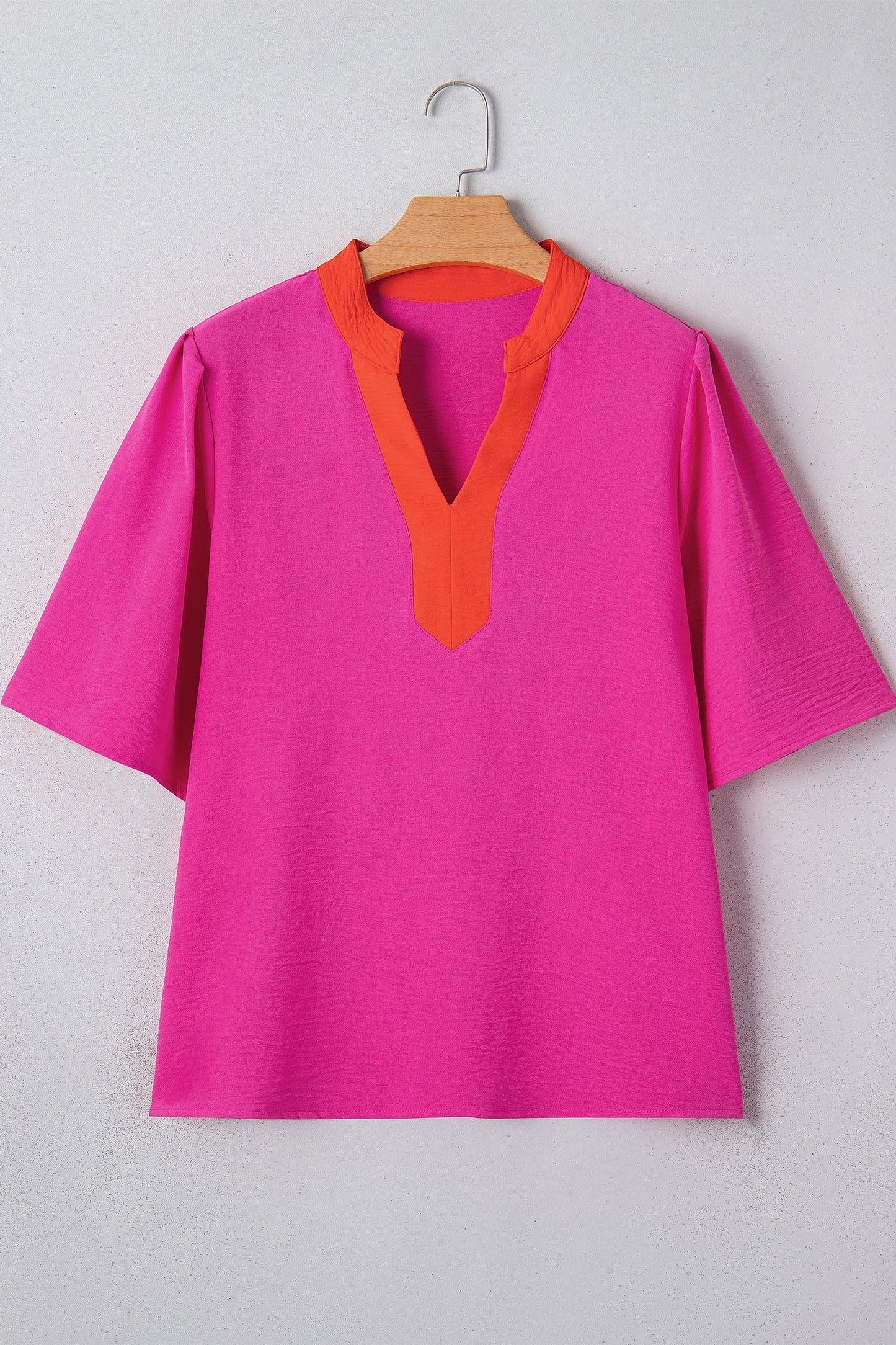 Wide Short Sleeve Top with V-Neck Color Block Red Pink