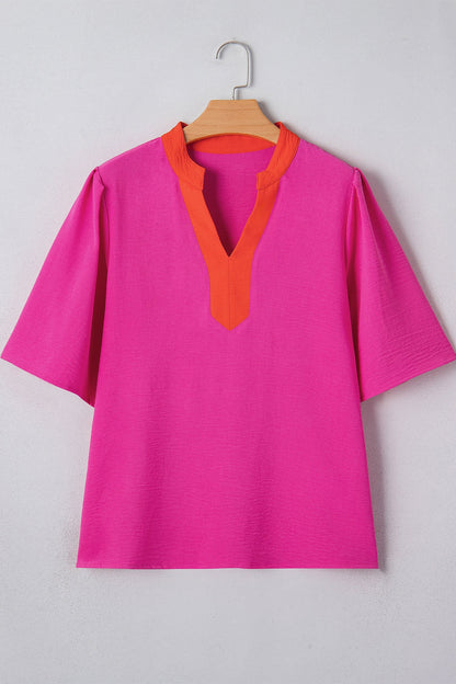 Wide Short Sleeve Top with V-Neck Color Block Red Pink