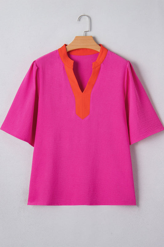 Wide Short Sleeve Top with V-Neck Color Block Red Pink