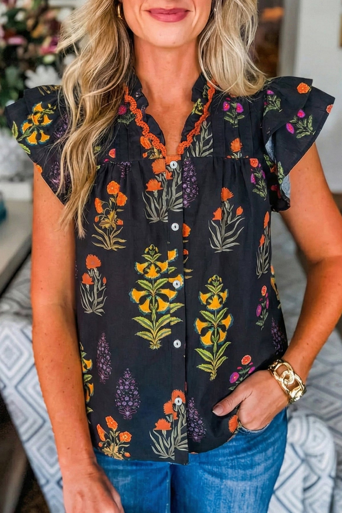 Black Floral Shirt with Lace Trim and V-Neck with Ruffles