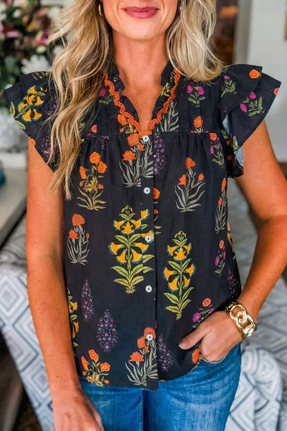 Black Floral Shirt with Lace Trim and V-Neck with Ruffles