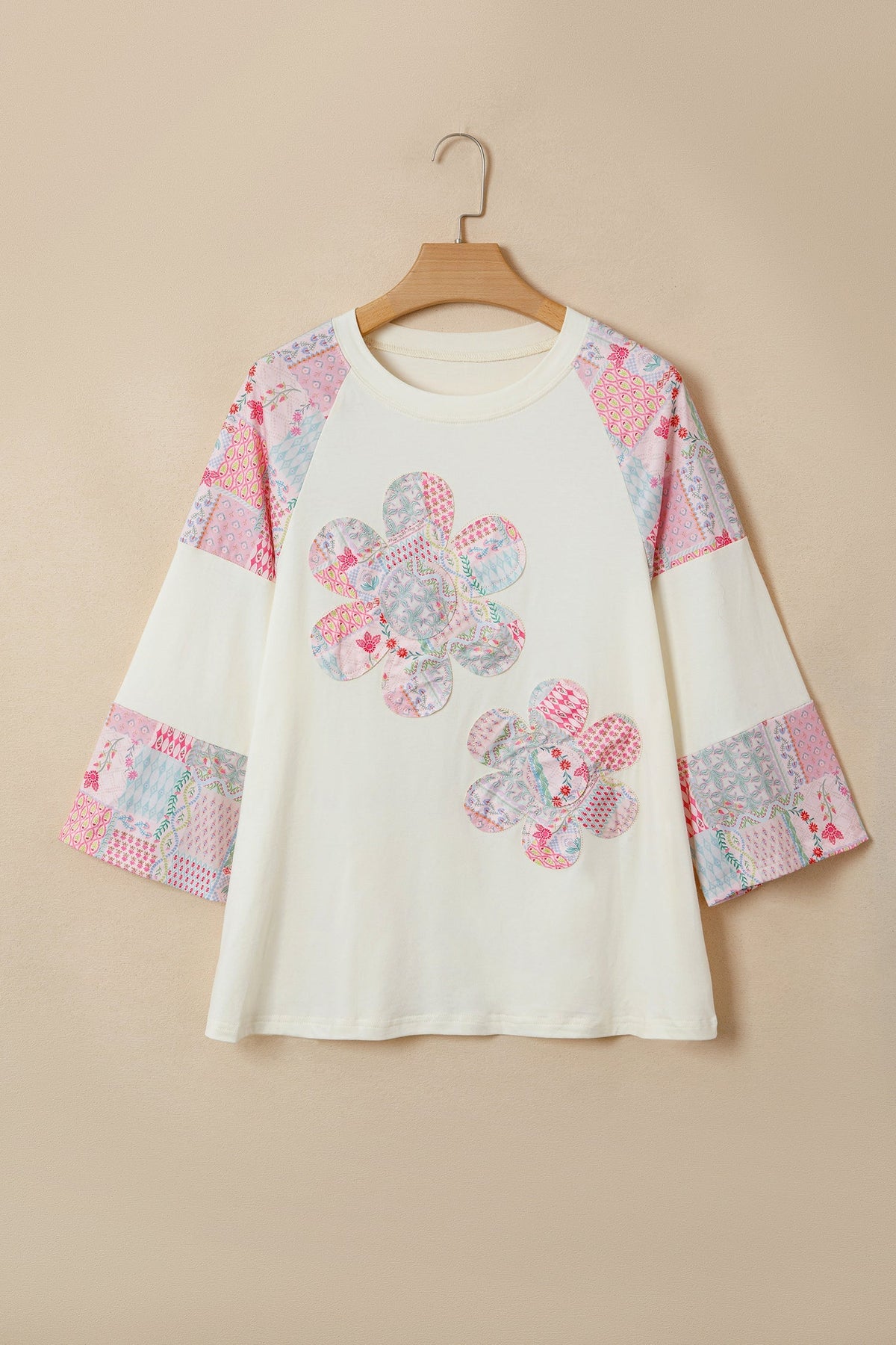 Beige Long-Sleeve Top with Retro Floral Patchwork and Color Block