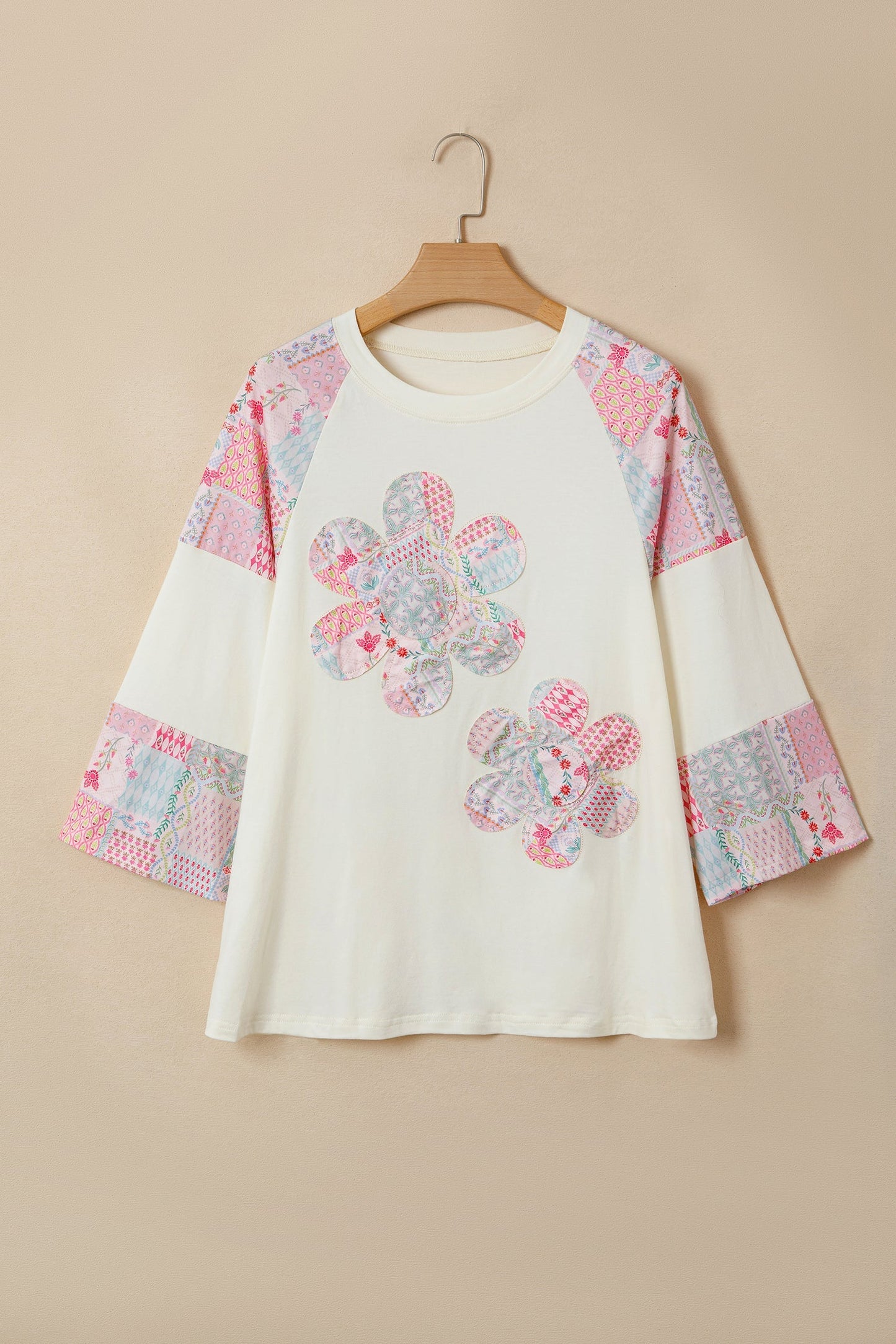 Beige Long-Sleeve Top with Retro Floral Patchwork and Color Block
